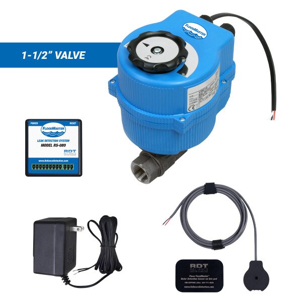 Water main leak detection and automatic shutoff kit with 1-1/2" valve