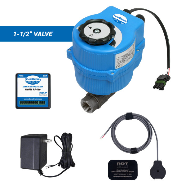 Water main leak detection and automatic shutoff kit with 1-1/2" valve