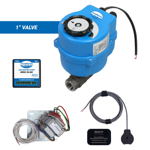 Plenum-rated water main leak detection and automatic shutoff kit with 1" valve