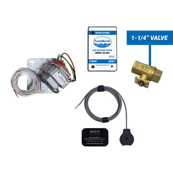 Plenum-rated water heater leak detection kit with 1-1/4" shut-off valve