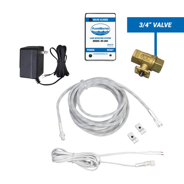 Water heater leak detection kit with 3/4" shut-off valve and rope sensor