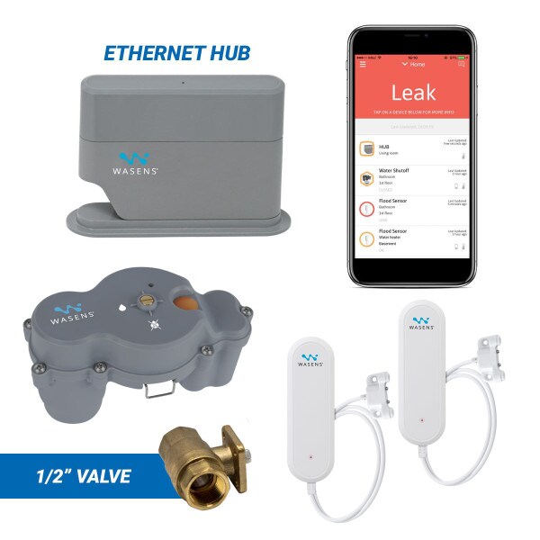 Wireless, app-based leak detection system with 1/2" automatic shutoff valve and ethernet hub