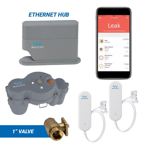 Wireless, app-based leak detection system with 1" automatic shutoff valve and ethernet hub