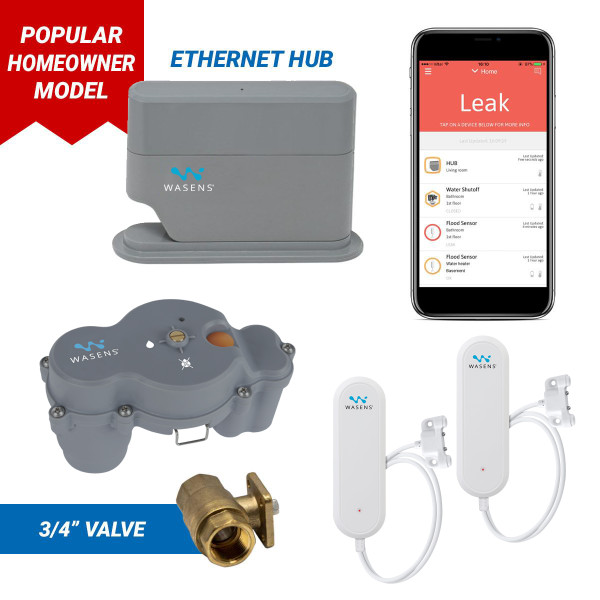 Wireless, app-based leak detection system with 3/4" automatic shutoff valve and ethernet hub