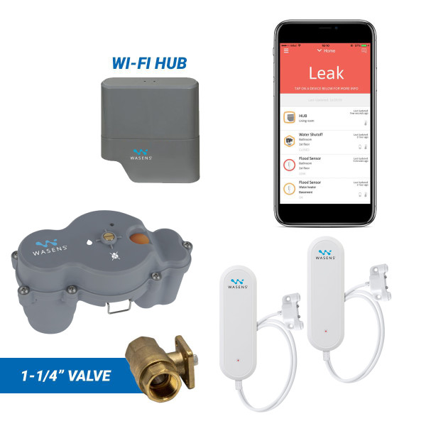 Wireless, app-based leak detection system with 1-1/4" automatic shutoff valve and wi-fi hub