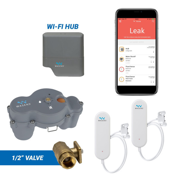Wireless, app-based leak detection system with 1/2" automatic shutoff valve and wi-fi hub