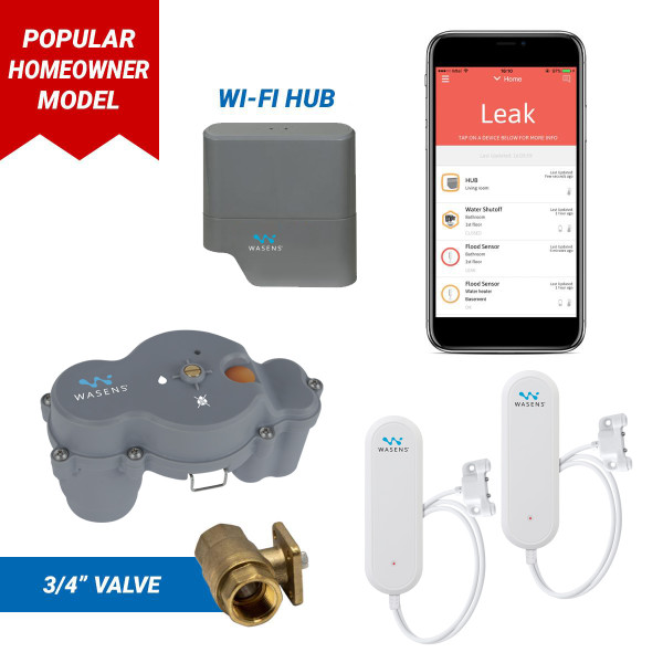 Wireless, app-based leak detection system with 3/4" automatic shutoff valve and wi-fi hub